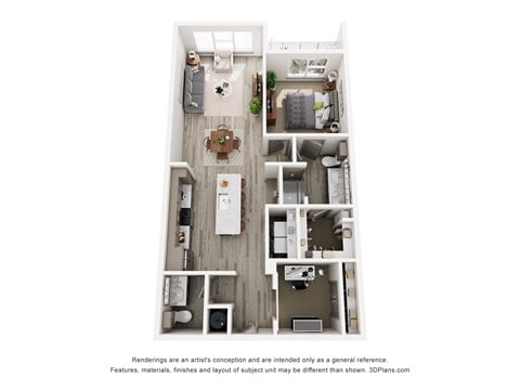 Floor plan for 1 bed, 1.5 baths, 972 sqft